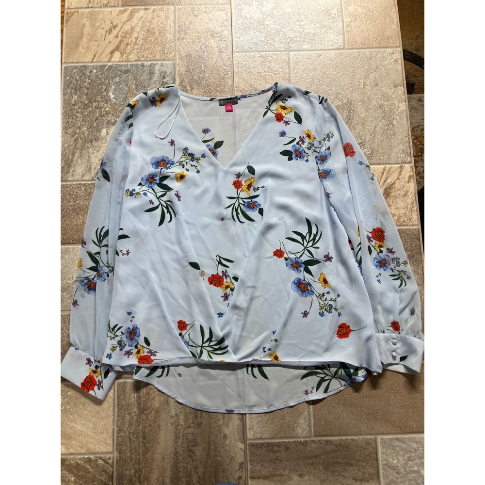 Vince Camuto Blue Floral Print V Neck Long‎ Sleeve Twist Front Blouse Women's XL